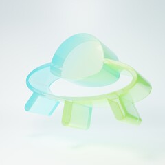 Frosted glass UFO flying spaceship icon isolated on white background. Flying saucer. Alien space ship. Futuristic unknown flying object. Minimalism concept. 3D render illustration