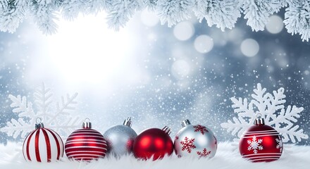 Christmas ornaments and snowflakes on snowy background with bokeh