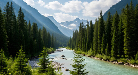 Majestic mountain landscape featuring a river winding through a dense forest