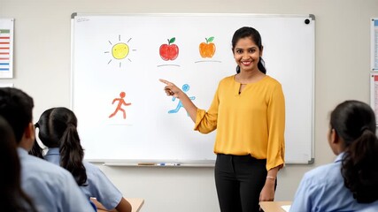 Educator in vibrant yellow top engages students with animated illustrations on whiteboard, demonstrating concepts of sun, apples, and movement in an interactive classroom environment