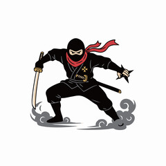 MinimalFlatDesign DynamicNinja withKatana andShuriken -ミニマルフラットデザイン 刀と手裏剣を持ったダイナミックな忍者