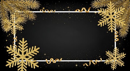 Elegant golden christmas frame with snowflakes on black background
