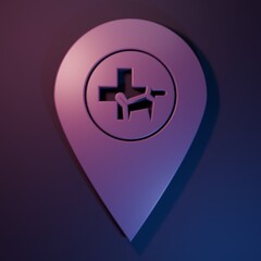Obraz premium Purple Map pointer with veterinary medicine hospital, clinic or pet shop for animals icon isolated on purple-blue background. Vet or veterinarian clinic. Minimalism concept. 3D render illustration