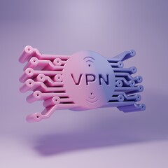 Purple VPN in circle with microchip circuit icon isolated on purple background. Minimalism concept. 3D render illustration
