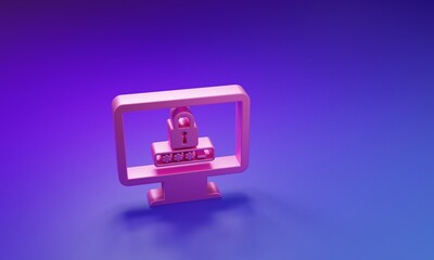 Pink Monitor with password notification and lock icon isolated on purple-blue background. Security, personal access, user authorization, login form. Minimalism concept. 3D render illustration