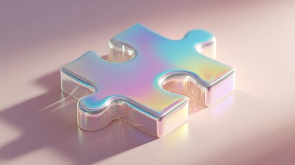 A clear, holographic puzzle piece glistens on a soft pastel background, capturing light and reflections beautifully.