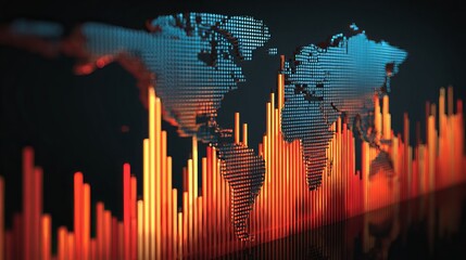 Dynamic global financial data visualization with rising bar chart and world map overlay, representing market growth and economic trends