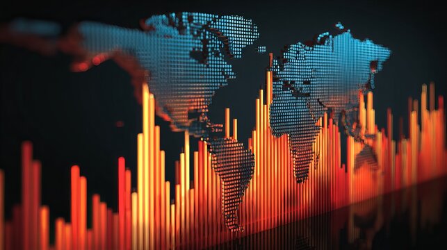 Dynamic global financial data visualization with rising bar chart and world map overlay, representing market growth and economic trends