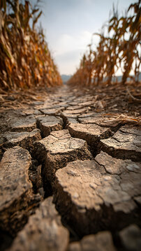 Cracked earth amid withered cornfields whispers tales of harvest despair, evoking World Soil Day and perishing Gaia myths