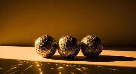 Three golden balls with shiny texture on a warm background