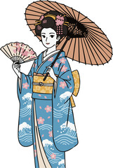 MinimalFlatDesign ElegantWoman inKimono withParasol andFan -ミニマルフラットデザイン 傘と扇子を持った優雅な着物姿の女性