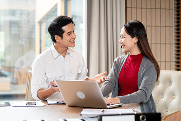 Call center, manager and happy team at computer for software training, customer service and CRM in office. Man, woman and sales mentor helping intern on desktop, telemarketing and technical support.