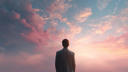 A contemplative young man gazing at a colorful sunset, embodying hope and reflection.
