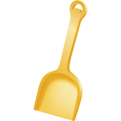 Golden plastic toy shovel with a rounded handle and open scoop for beach play isolated on a transparent background in a studio shot