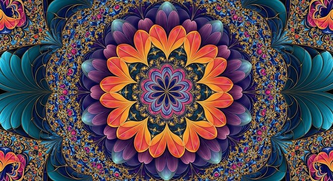 Intricate fractal art featuring a vibrant floral mandala with symmetrical patterns and rich colors.