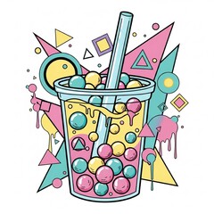 Vibrant abstract bubble tea illustration with bold geometric shapes, splashes of pastel pink, yellow, and turquoise, artistic pop art composition with dynamic movement and playful design