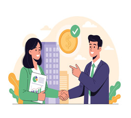Business deal illustration featuring a handshake, agreement, and successful partnership, symbolizing collaboration and financial success isolated on white background