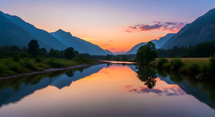 Serene Mountain River Reflection at Sunset with Vibrant Sky and Tranquil Scenery