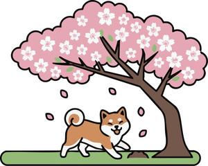 MinimalFlatDesign KawaiiShibaInu underCherryBlossomTree -ミニマルフラットデザイン 桜の木の下の可愛い柴犬