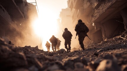 Silhouetted soldiers advancing through rubble in a war-torn cityscape, evoking resilience amidst destruction.