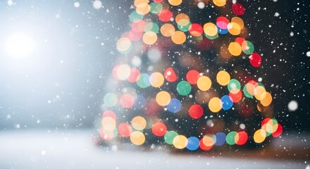 Blurred christmas tree with colorful lights and falling snow effect