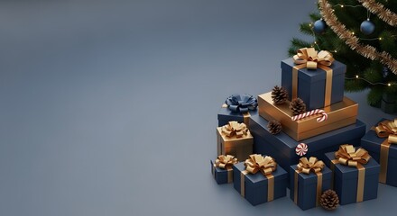 Christmas presents with ribbons and ornaments near a christmas tree