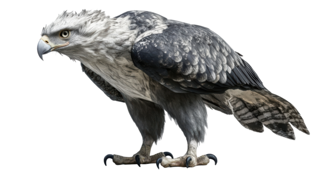 Harpy eagle standing in side profile view
