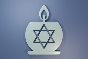 Grey Burning candle in candlestick with star of david icon isolated on purple-blue background. Cylindrical candle stick with burning flame. Minimalism concept. 3D render illustration