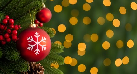 Christmas tree decoration with red balls and berries closeup