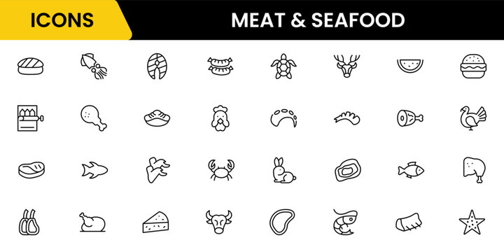 Meat, poultry, fish, and eggs - minimal thin line web icon set. Outline icons collection. Simple vector illustration.