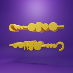 Yellow Grilled shish kebab on skewer stick icon isolated on purple background. Meat kebab on skewer stick. Picnic with grilled meat. Minimalism concept. 3D render illustration
