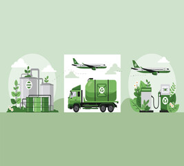 Illustrations showcasing the use of biofuel in transportation, including planes and trucks, alongside biofuel production facilities and fueling stations isolated on white background