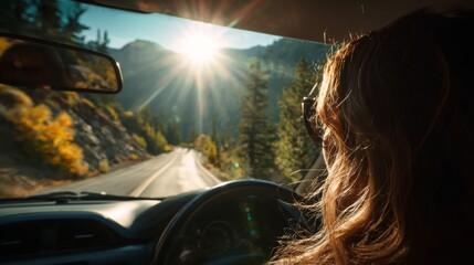 A Scenic Drive Through Majestic Mountains Under a Beautiful Sunrise with a Woman Enjoying Her Journey in a Car