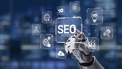 A futuristic robotic hand engages with various digital icons representing SEO concepts, showcasing the intersection of technology with modern marketing strategies. Synapse