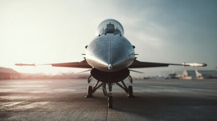 A close-up shot of a sleek jet fighter on a tarmac, showcasing its aerodynamic design and metallic sheen.