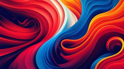 A vibrant background with dynamic wavy patterns in bold red, bright blue, and warm orange
