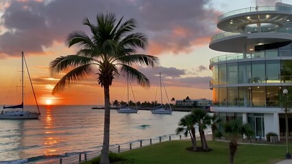 specially processed photographic image presenting a panoramic view of a coastal metropolitan area during the period of