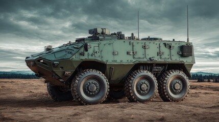 An armored military vehicle parked on rugged terrain, showcasing its robust design and military-grade features under a dramatic sky.
