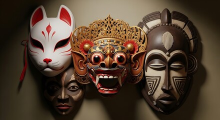 An assortment of ornate traditional masks from different global cultures, including Japanese Kitsune and African tribal designs.