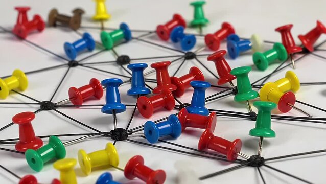 collection of brightly colored pinheads fastened to a plain surface and interconnected with a single dark filament  representing ideas of interaction and network