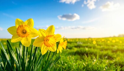 Fototapeta premium Yellow daffodil flowers bloom across a lush green grass field under a soft blue sky, symbolizing springtime renewal and natural beauty in a serene landscape