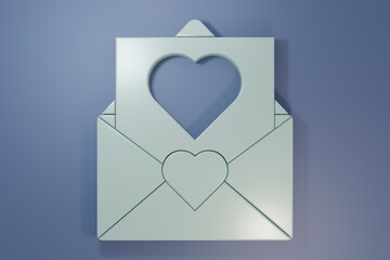 Grey Envelope with Valentine heart icon isolated on purple-blue background. Message love. Letter love and romance. Minimalism concept. 3D render illustration