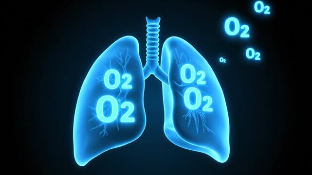 Lungs Anatomy Illustration Oxygen Transfer and Respirations Vital Role in Human Body Health, Featuring Glowing Oxygen Molecules for Enhanced of Biology and Medical Importance