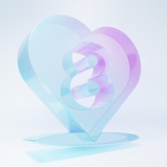 Obraz premium Frosted glass Heart with 8 March icon isolated on white background. Romantic symbol linked, join, passion and wedding. Happy Women Day. Minimalism concept. 3D render illustration