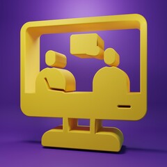 Yellow Online education and graduation icon isolated on purple background. Online teacher on monitor. Webinar and video seminar learning. Minimalism concept. 3D render illustration