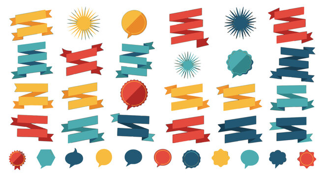 A set of colorful ribbon banners and speech bubbles provides versatile graphic elements for various.