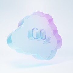 Frosted glass CO2 emissions in cloud icon isolated on white background. Carbon dioxide formula, smog pollution concept, environment concept. Minimalism concept. 3D render illustration