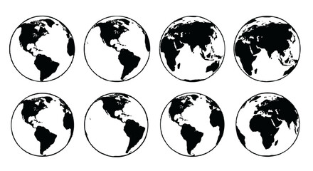 A collection of globe representations showing different continents and perspectives in a.