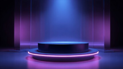 Futuristic neon stage with spotlight and glowing platform for product display or award ceremonies