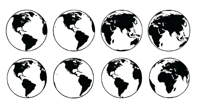 A collection of globe representations showing different continents and perspectives in a.